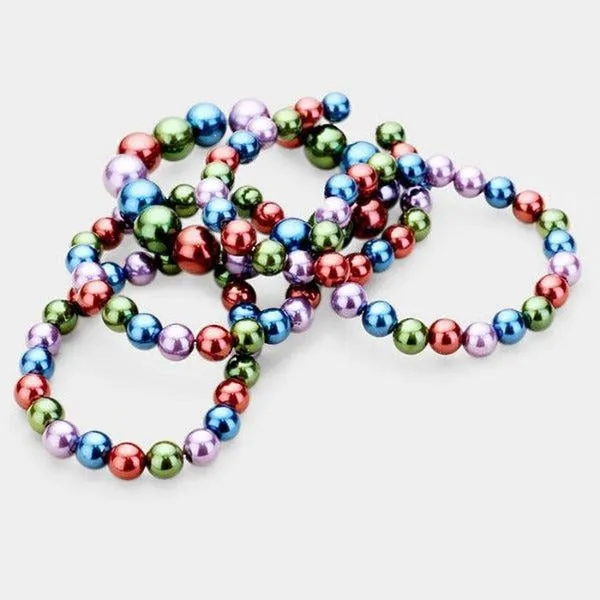 5 Piece Chunky Multi-Color Pearl Stretch Layered Bracelets