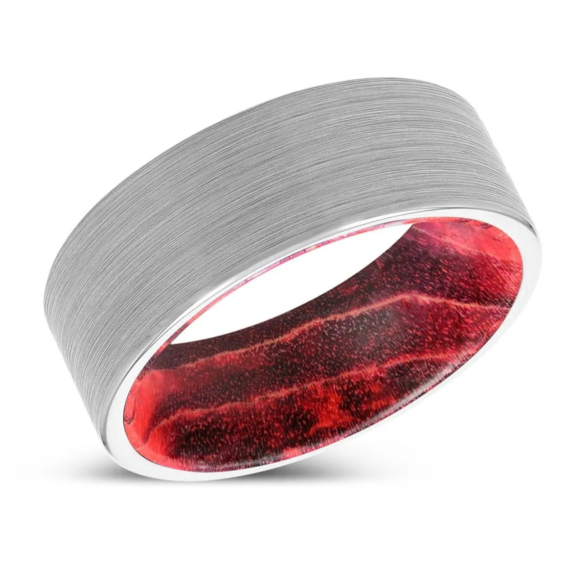 AKASH | Black & Red Wood, White Tungsten Ring, Brushed, Flat