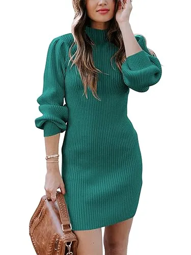 ANRABESS Women Long Sleeve Turtle Mock Neck Rib Knit Stretch Slim Fitted Bodycon Sweater Mini Short Dress 2024 Fall Outfits Red Apricot Medium