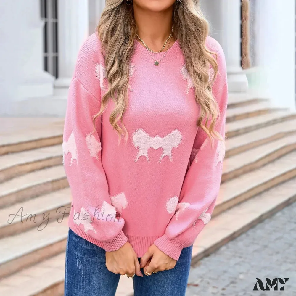 Basic Print Oversize Bow O-Neck White Thick Knitted Christmas Sweater