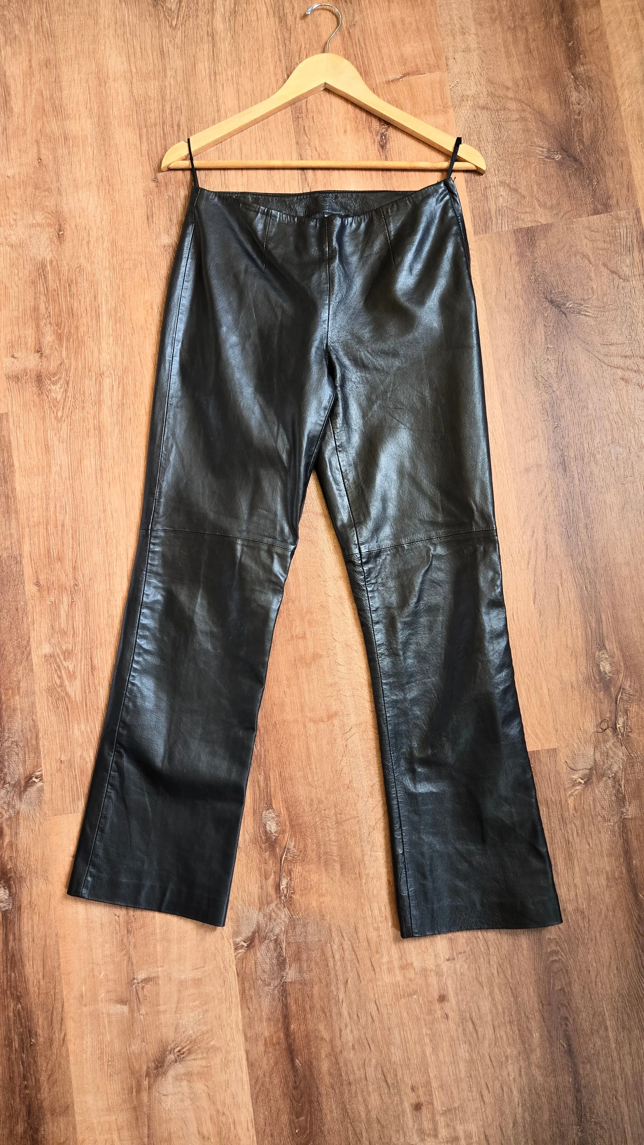 Black leather low rise pants