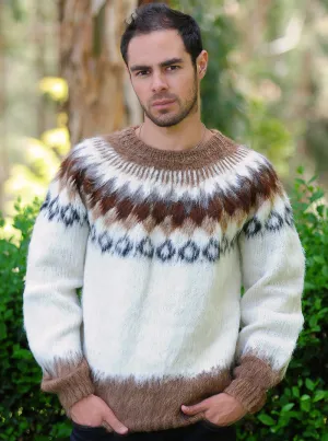 Brown and White Alpaca Round Neck Sweater