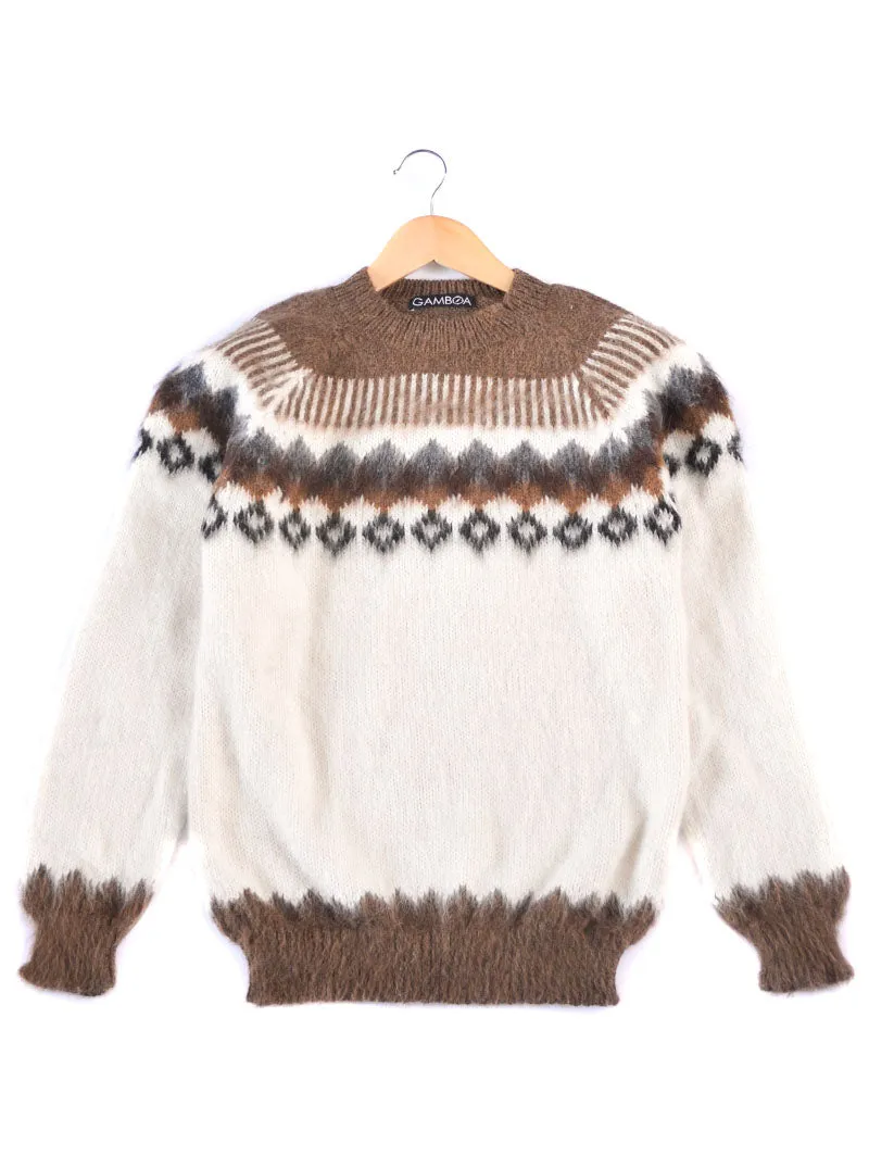 Brown and White Alpaca Round Neck Sweater