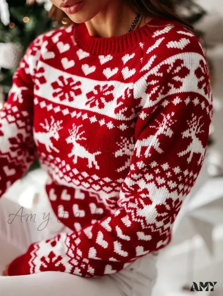 Christmas Sweater Long Sleeve Print Pullover Knitted Casual