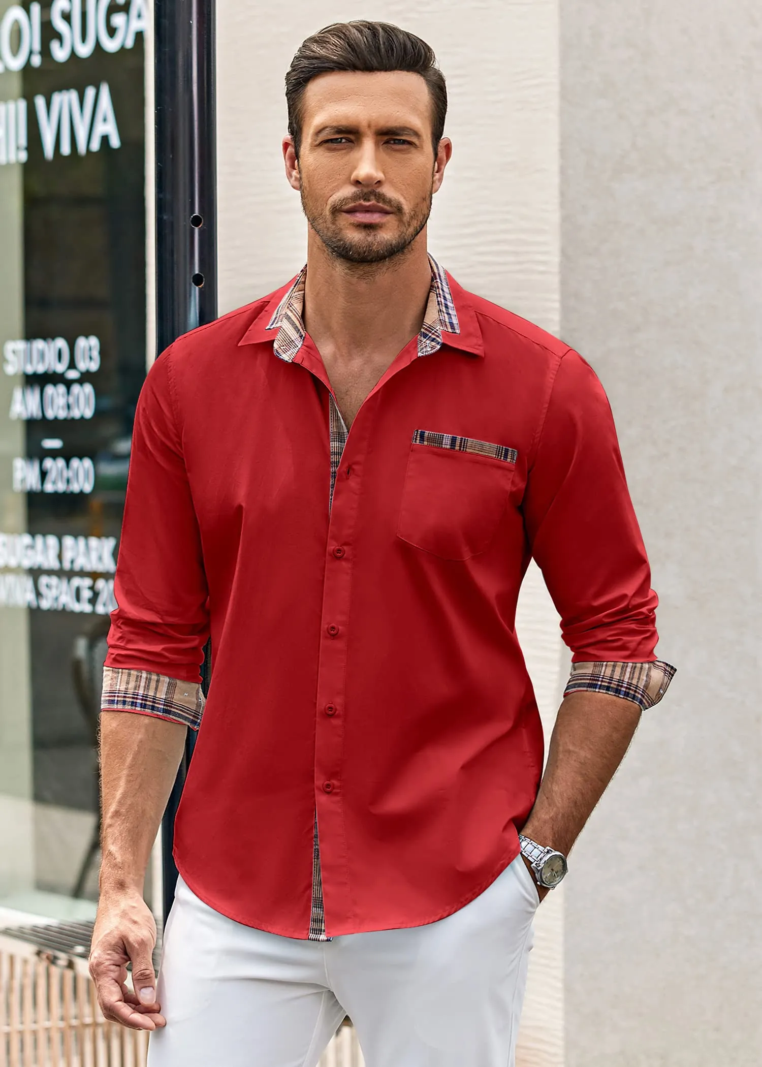 COOFANDY Men's Casual Stylish Long Sleeve Button-Down Shirts Dress Shirts Cotton Shirt Red 4X-Large