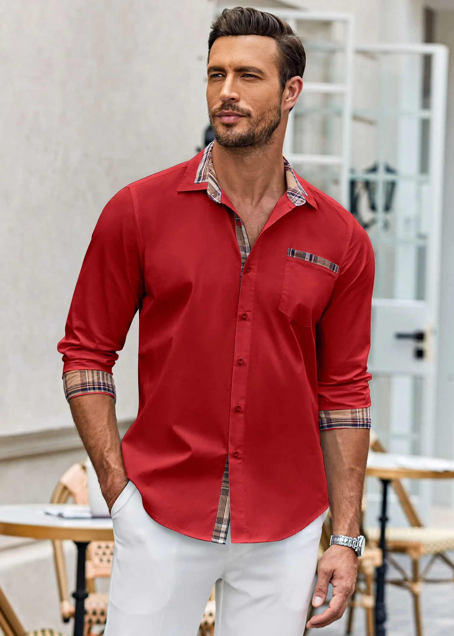 COOFANDY Men's Casual Stylish Long Sleeve Button-Down Shirts Dress Shirts Cotton Shirt Red 4X-Large