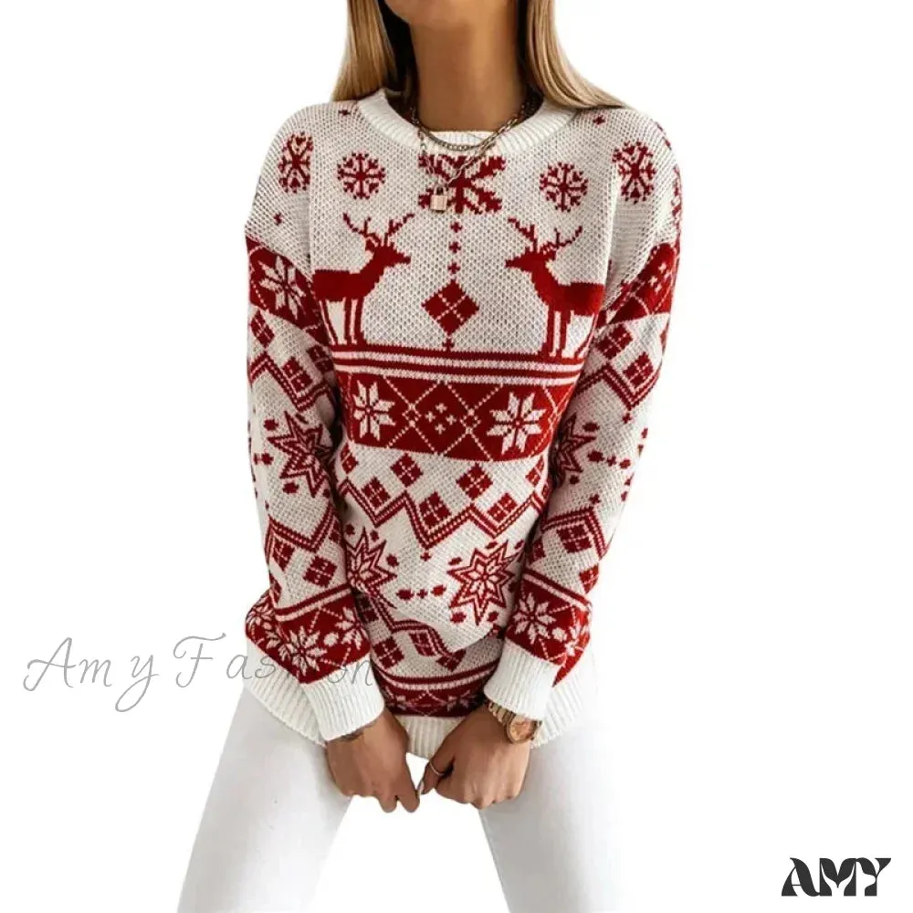 Deer Print Casual Loose Long Sleeve O Neck Christmas Sweater