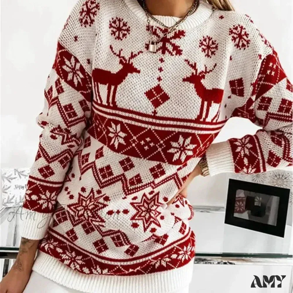 Deer Print Casual Loose Long Sleeve O Neck Christmas Sweater