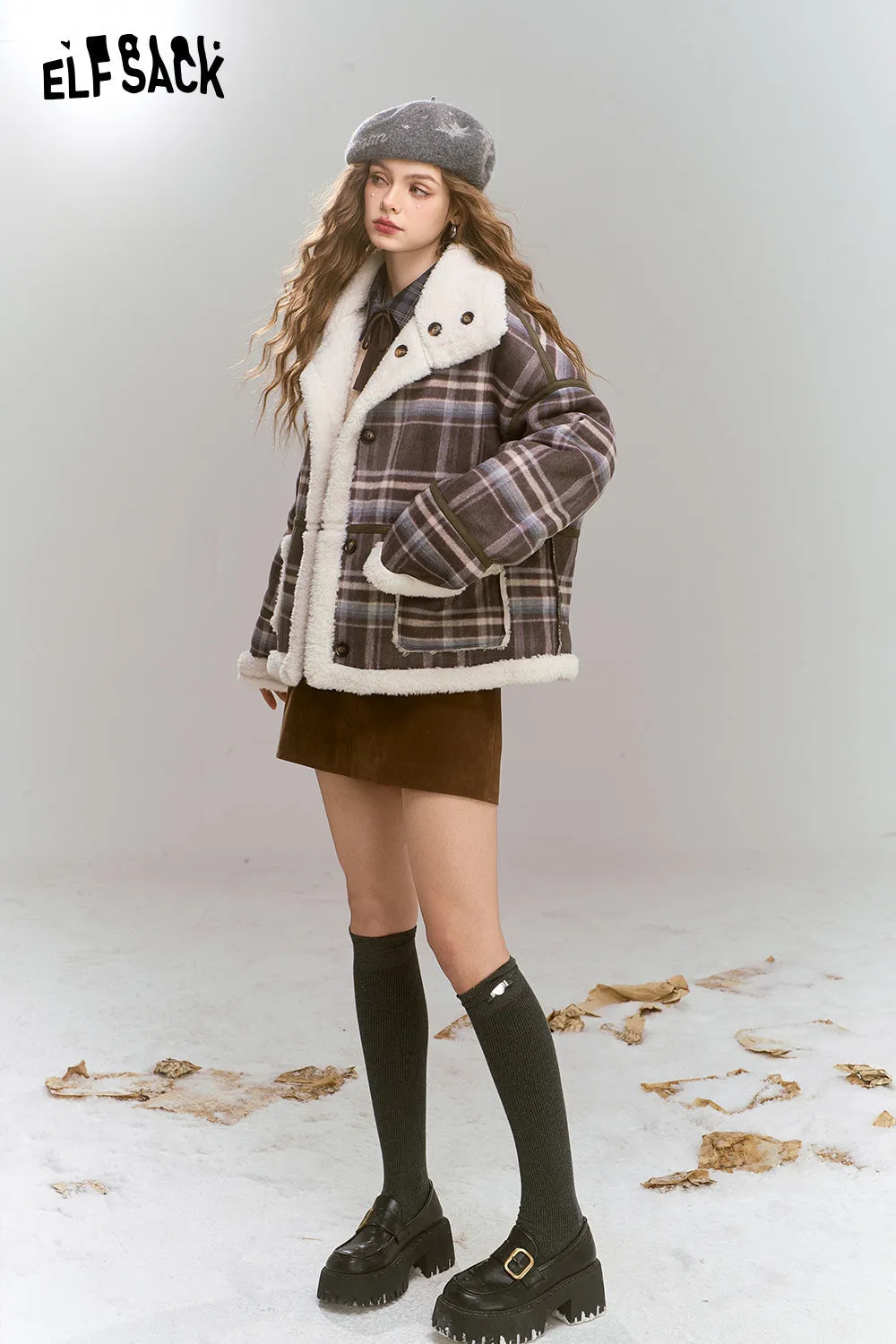 ELFSACK 2024 Winter New Arrivals Retro Preppy Style plaid short plush thick warm coat for women