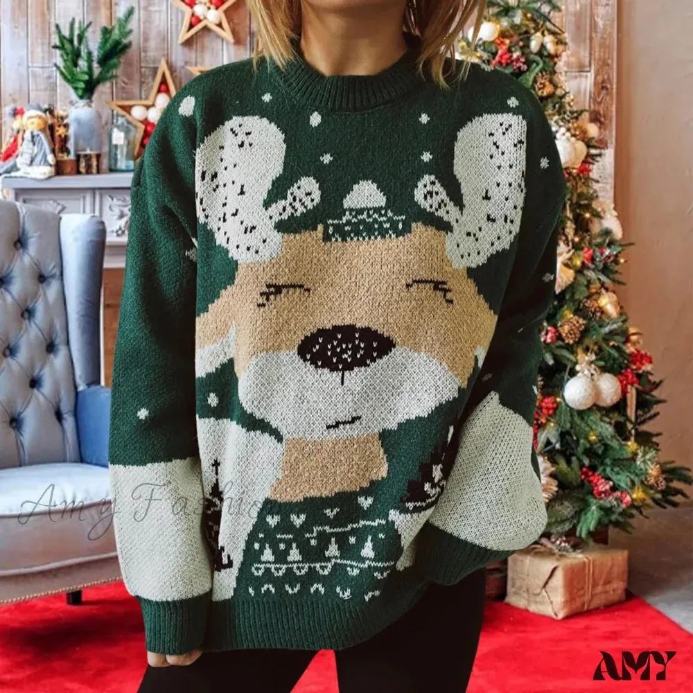 Elk Snowflake Pattern Christmas Sweater - Long Sleeve Loose Knit