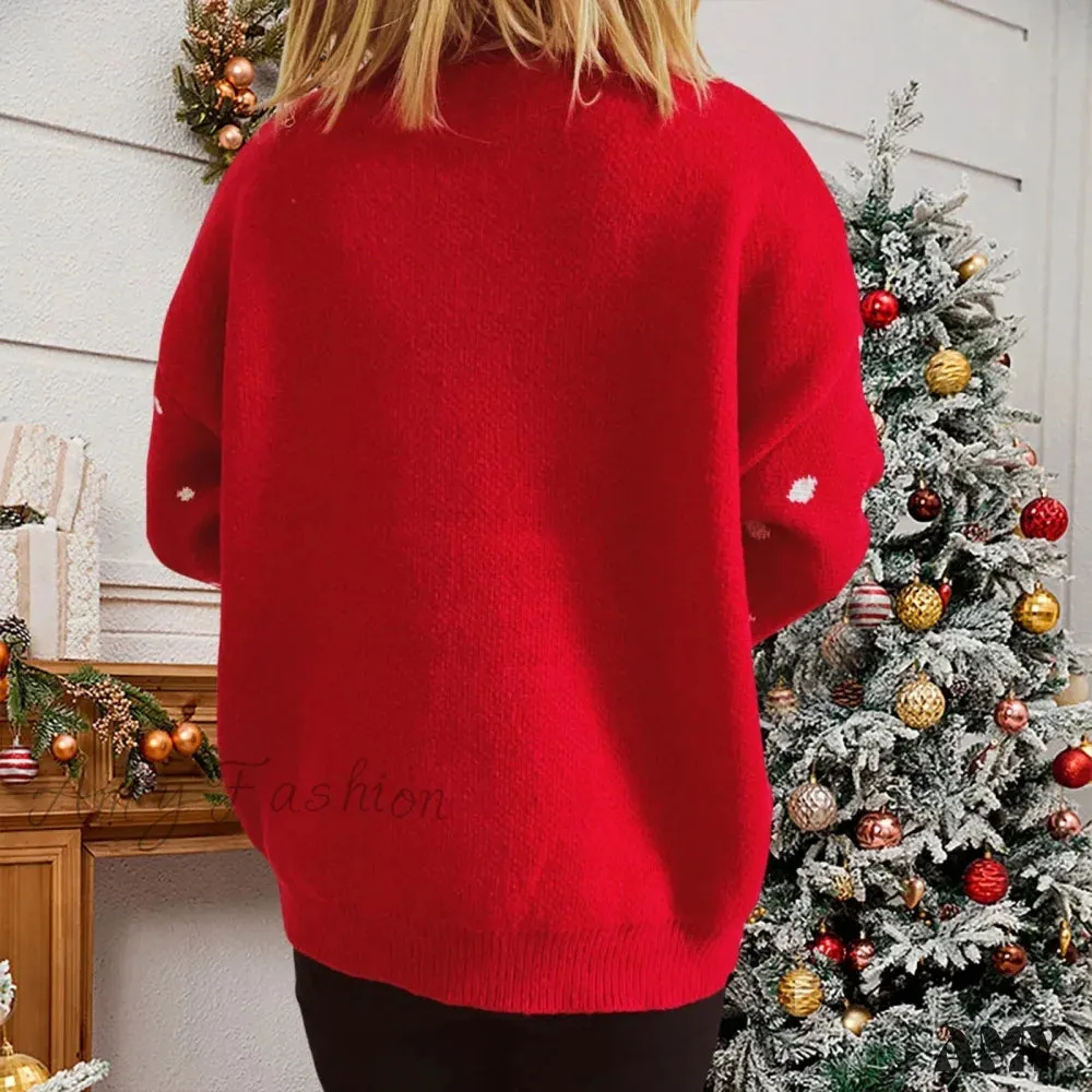 Elk Snowflake Pattern Christmas Sweater - Long Sleeve Loose Knit