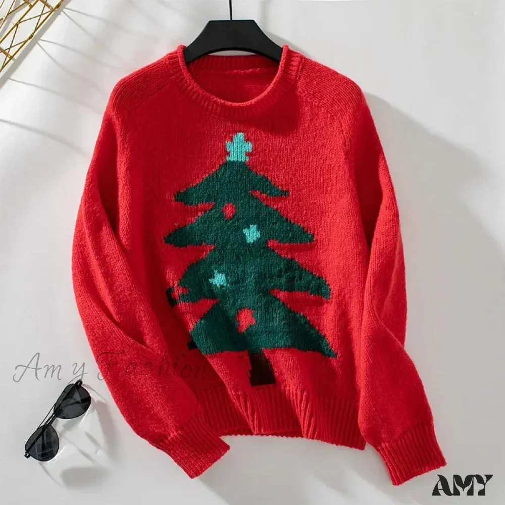 Knitted Christmas Tree Pattern Oversized Sweater - Autumn Winter Collection