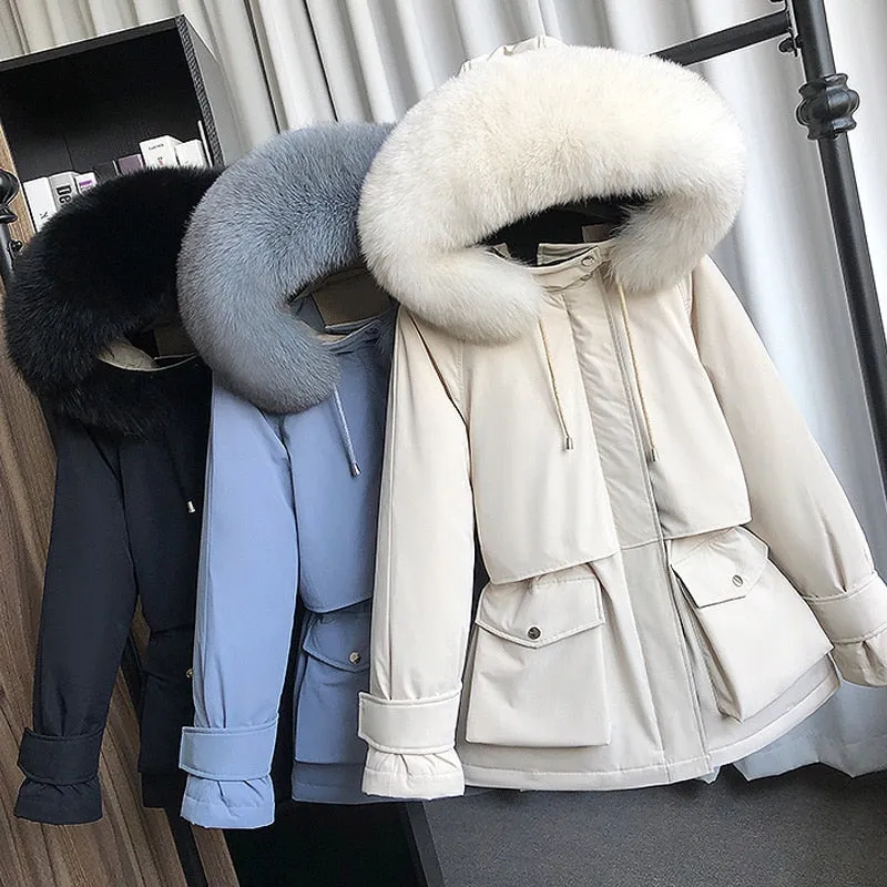 Ladies Fox Fur Hooded Down Coat 90% White Duck Down Jacket