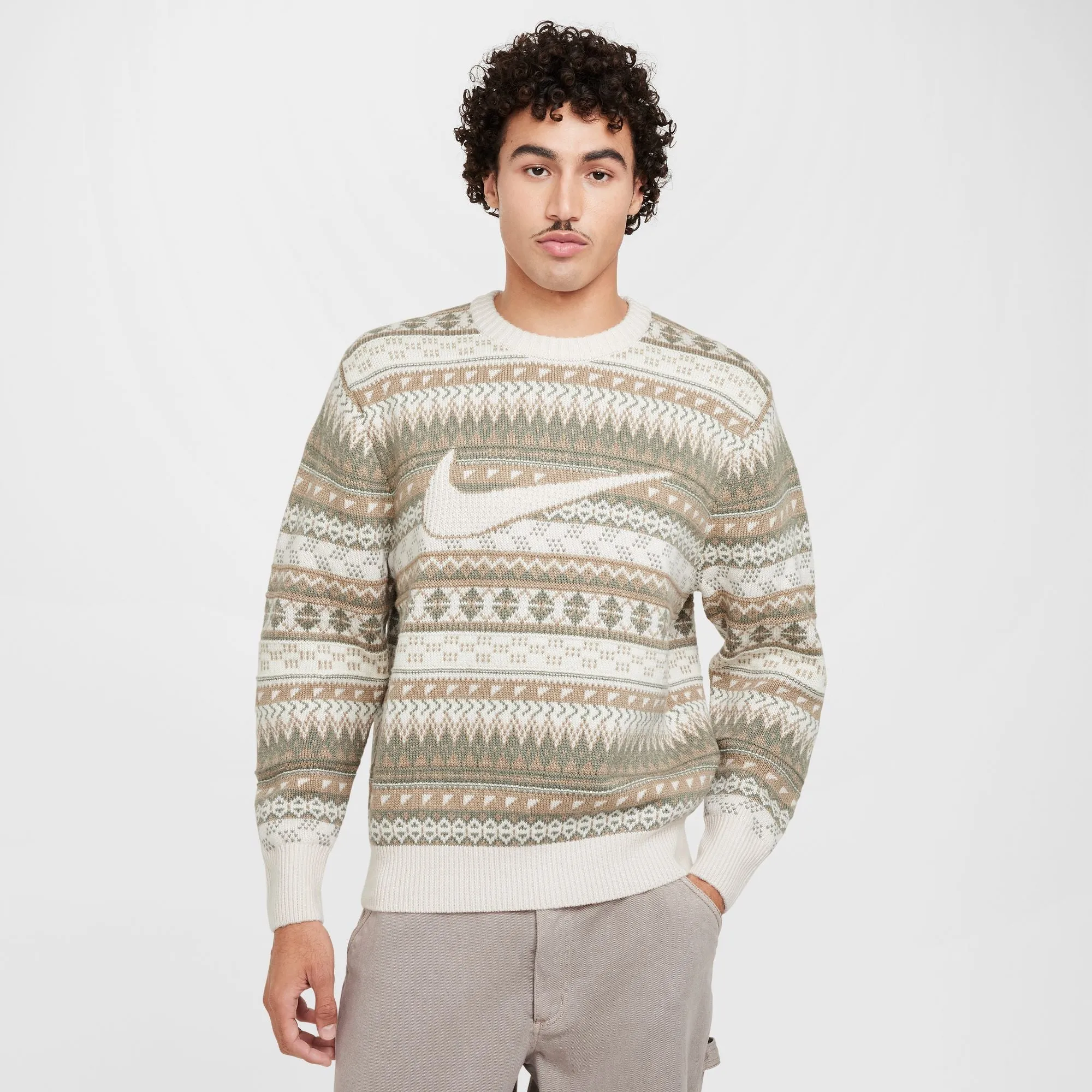 Nike Life Fair Isle Swoosh Sweater (LT Orewood Brown/Sail/Khaki)