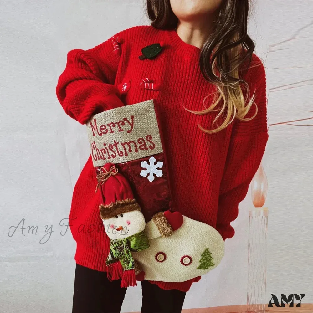 Red Christmas Snowman Doll Pocket Sweater