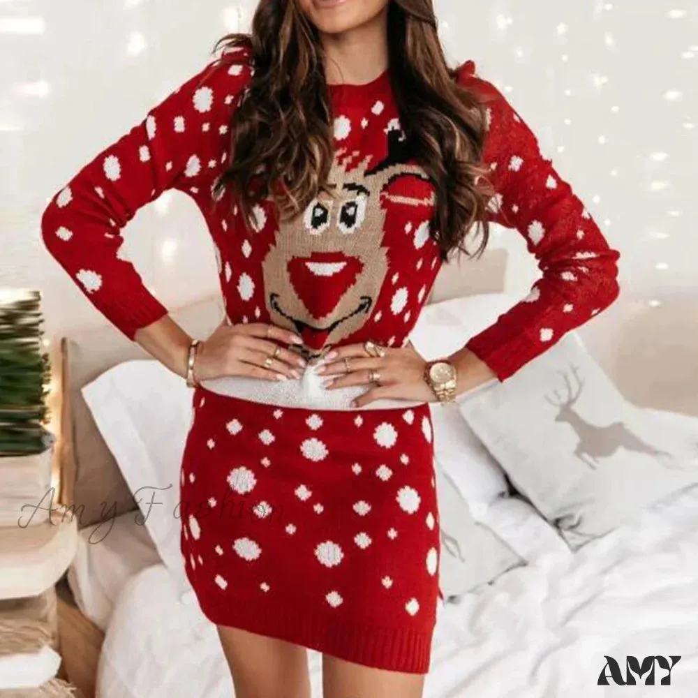 Red Jacquard Knitted Long Sleeve Crochet Christmas Sweater