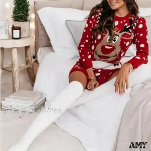 Red Jacquard Knitted Long Sleeve Crochet Christmas Sweater