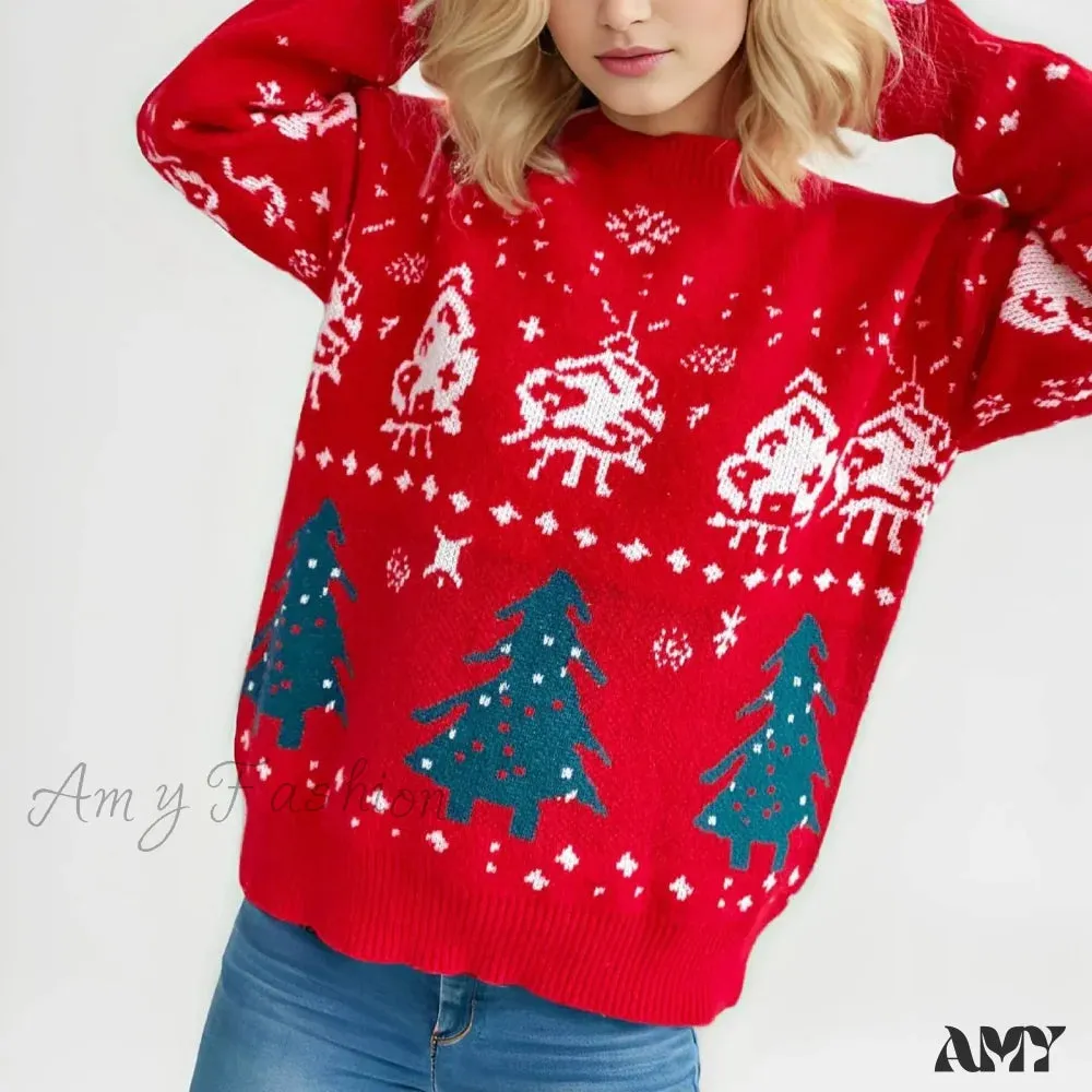 Red Winter Style Knitted Pullover Christmas Sweater