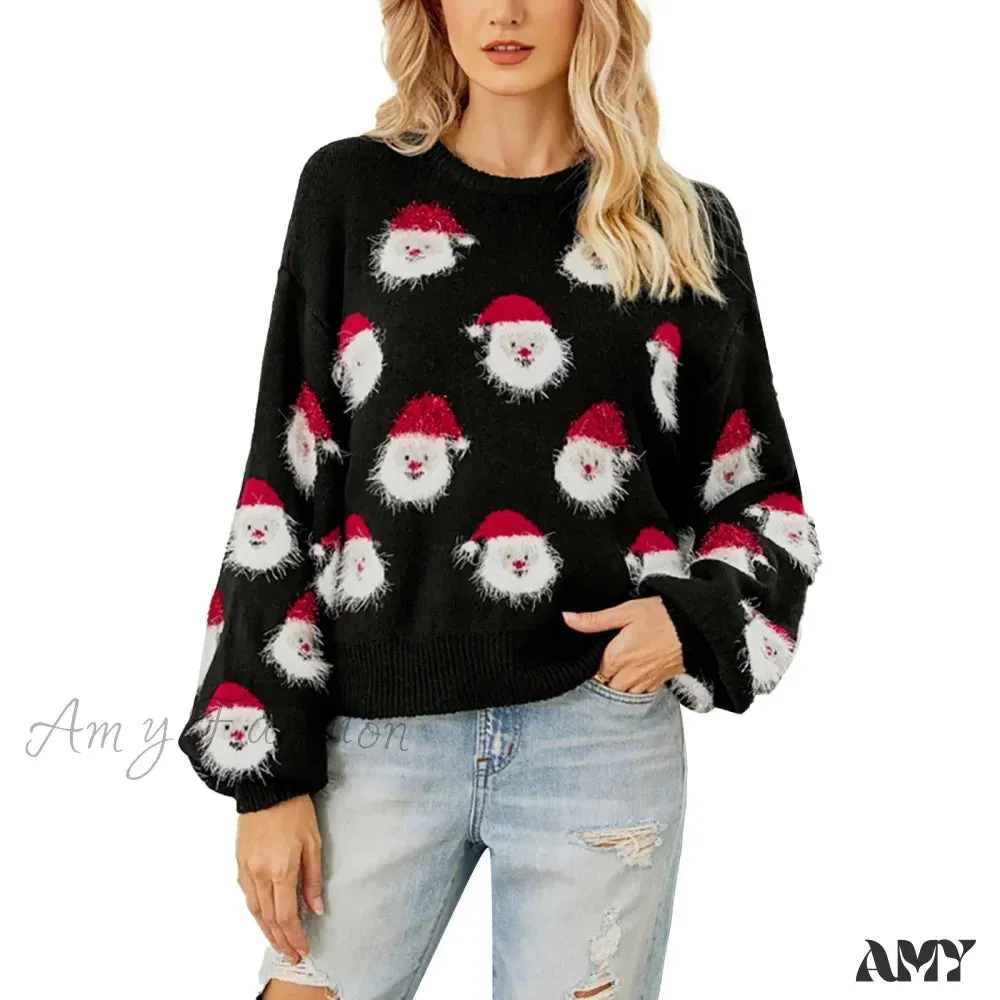 Santa Head Pattern Winter Fleece CrewNeck Christmas Sweater