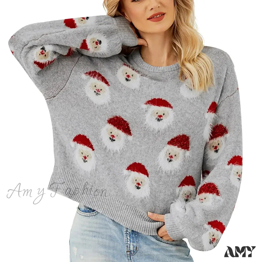 Santa Head Pattern Winter Fleece CrewNeck Christmas Sweater