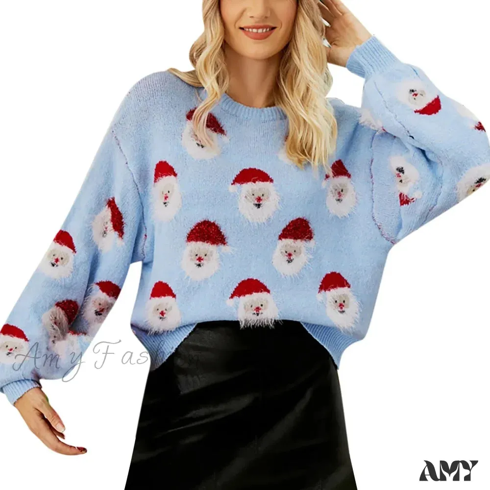 Santa Head Pattern Winter Fleece CrewNeck Christmas Sweater