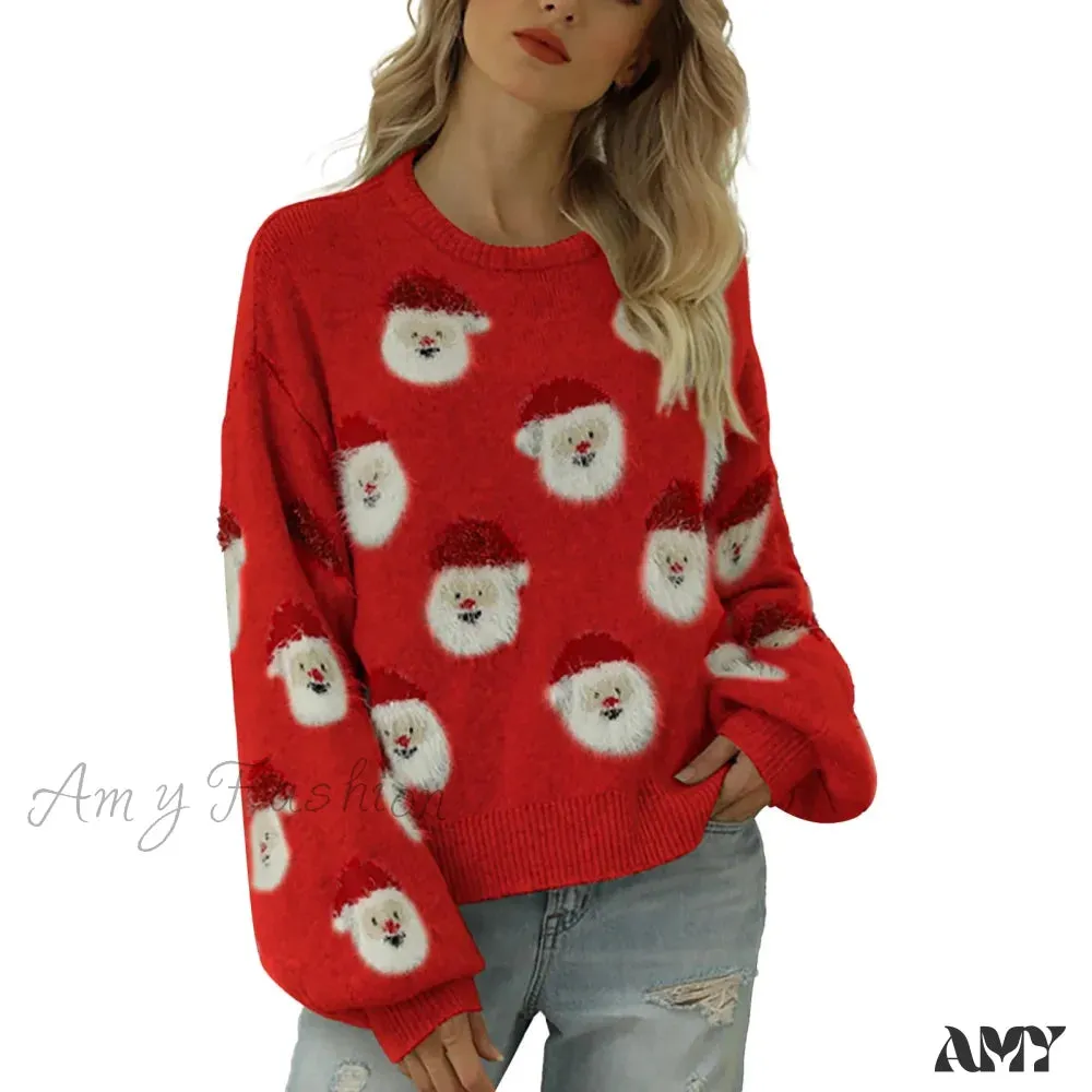 Santa Head Pattern Winter Fleece CrewNeck Christmas Sweater