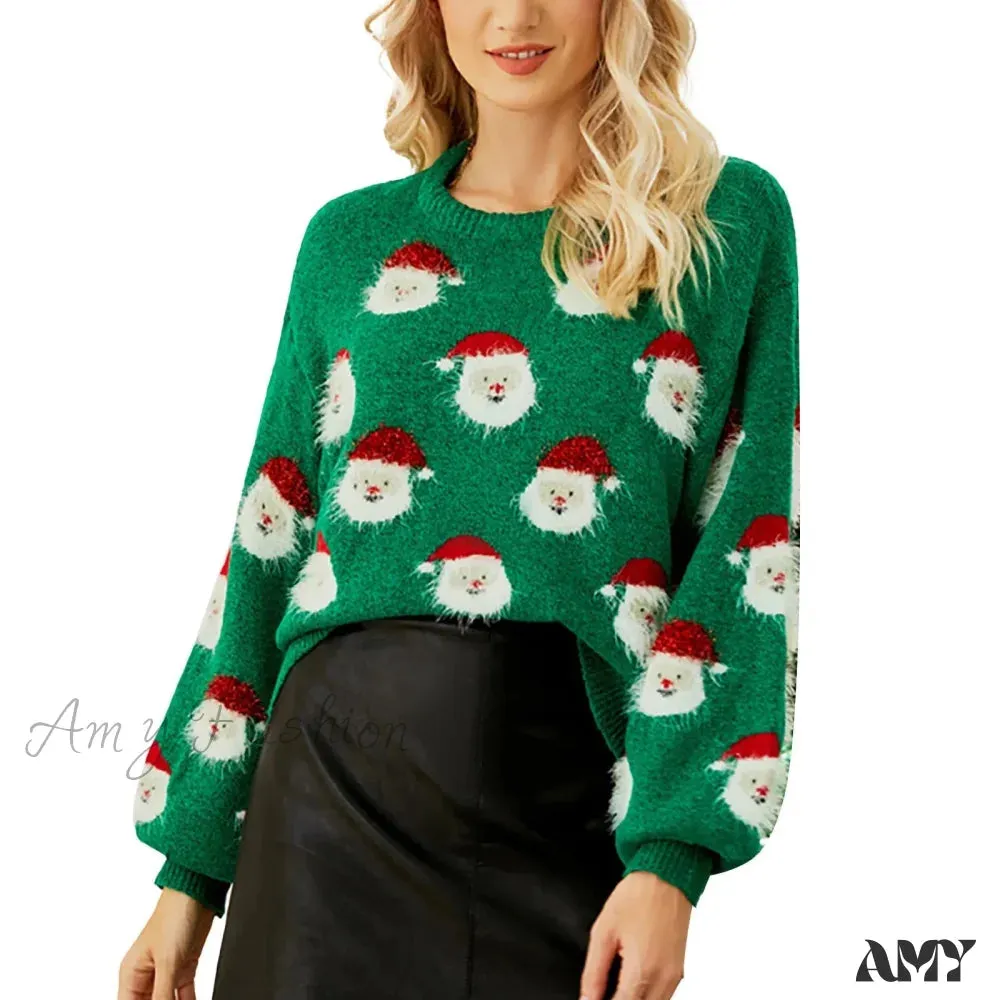 Santa Head Pattern Winter Fleece CrewNeck Christmas Sweater