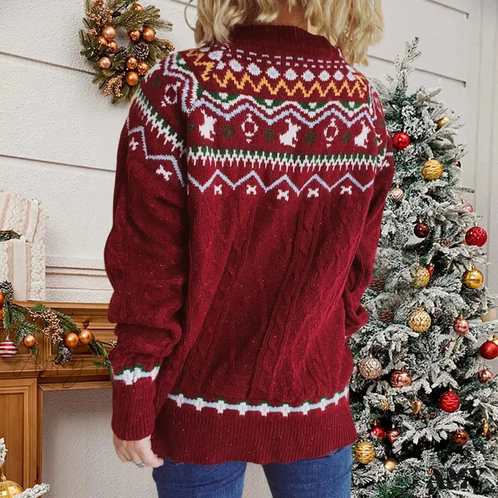 Striped Long Sleeve Jacquard O-Neck Loose Christmas Sweater