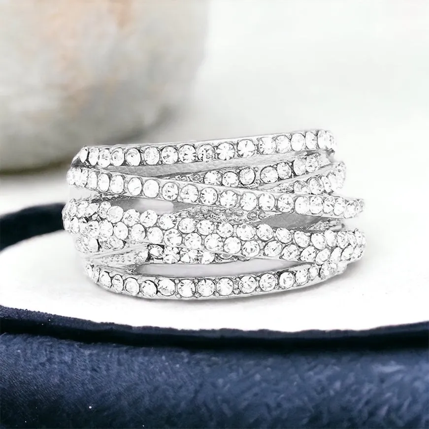 TWYLA - clear pave criss cross stretch rhinestone ring