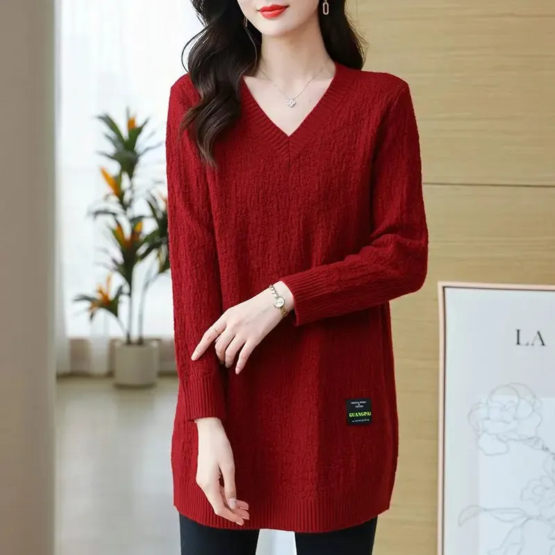 Uniwim Women's Pullover Solid V-Neck Mid Length Sweater Loose Plus Size Autumn and Winter Female Clothing Fashion Long Sleeve Knit Tops