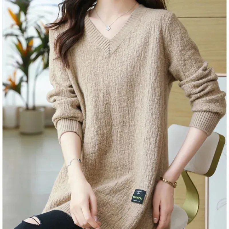 Uniwim Women's Pullover Solid V-Neck Mid Length Sweater Loose Plus Size Autumn and Winter Female Clothing Fashion Long Sleeve Knit Tops