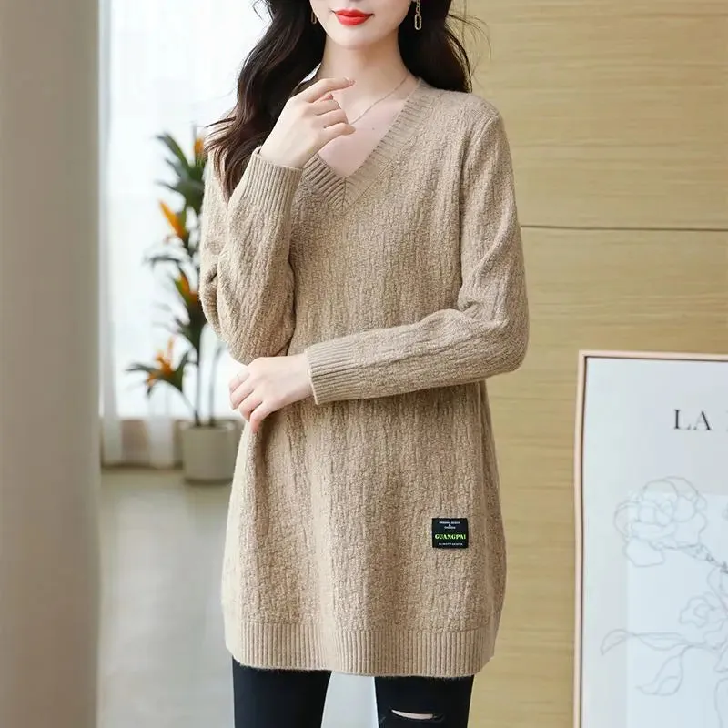 Uniwim Women's Pullover Solid V-Neck Mid Length Sweater Loose Plus Size Autumn and Winter Female Clothing Fashion Long Sleeve Knit Tops