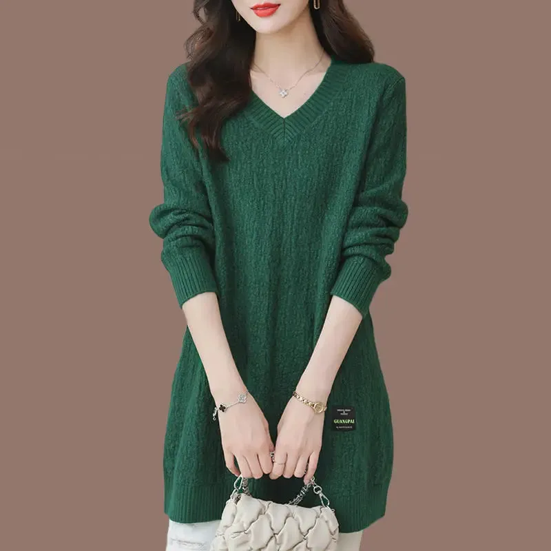 Uniwim Women's Pullover Solid V-Neck Mid Length Sweater Loose Plus Size Autumn and Winter Female Clothing Fashion Long Sleeve Knit Tops