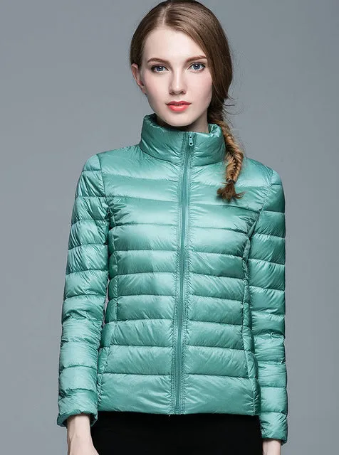 Winter Women  Stand Collar 90% White Duck Down Jacket Female Ultra Light Down Jackets Slim Long Sleeve Parkas Candy Color Fashio