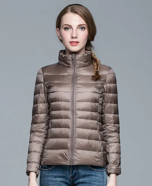 Winter Women  Stand Collar 90% White Duck Down Jacket Female Ultra Light Down Jackets Slim Long Sleeve Parkas Candy Color Fashio