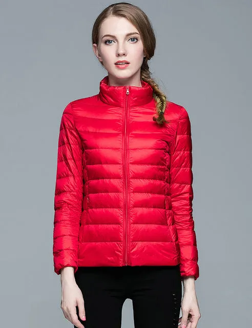 Winter Women  Stand Collar 90% White Duck Down Jacket Female Ultra Light Down Jackets Slim Long Sleeve Parkas Candy Color Fashio