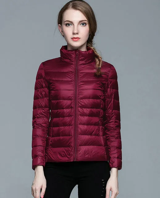 Winter Women  Stand Collar 90% White Duck Down Jacket Female Ultra Light Down Jackets Slim Long Sleeve Parkas Candy Color Fashio