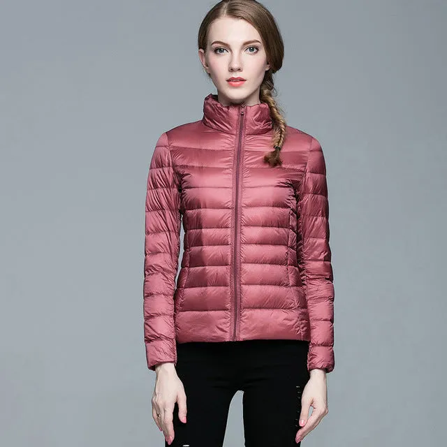 Winter Women  Stand Collar 90% White Duck Down Jacket Female Ultra Light Down Jackets Slim Long Sleeve Parkas Candy Color Fashio