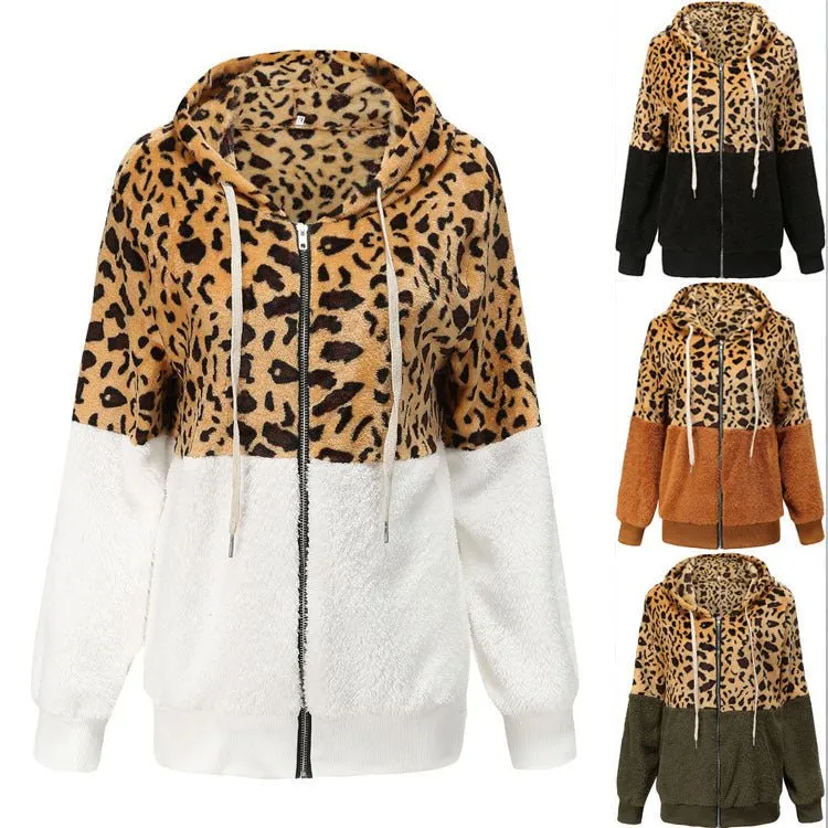 Women's Fashion Casual Leopard Print Stitching Thick Fleece Furry Sweater Hooded Top