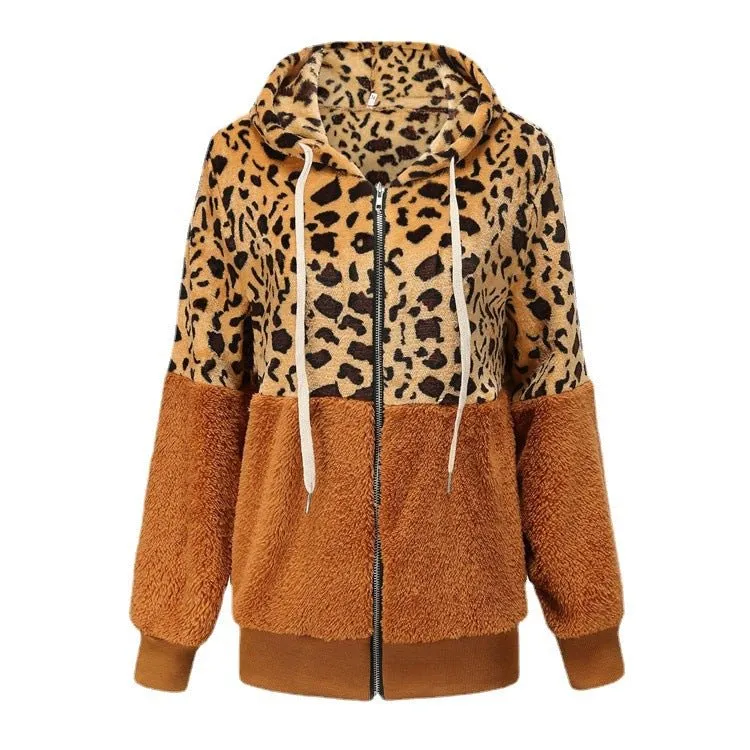 Women's Fashion Casual Leopard Print Stitching Thick Fleece Furry Sweater Hooded Top