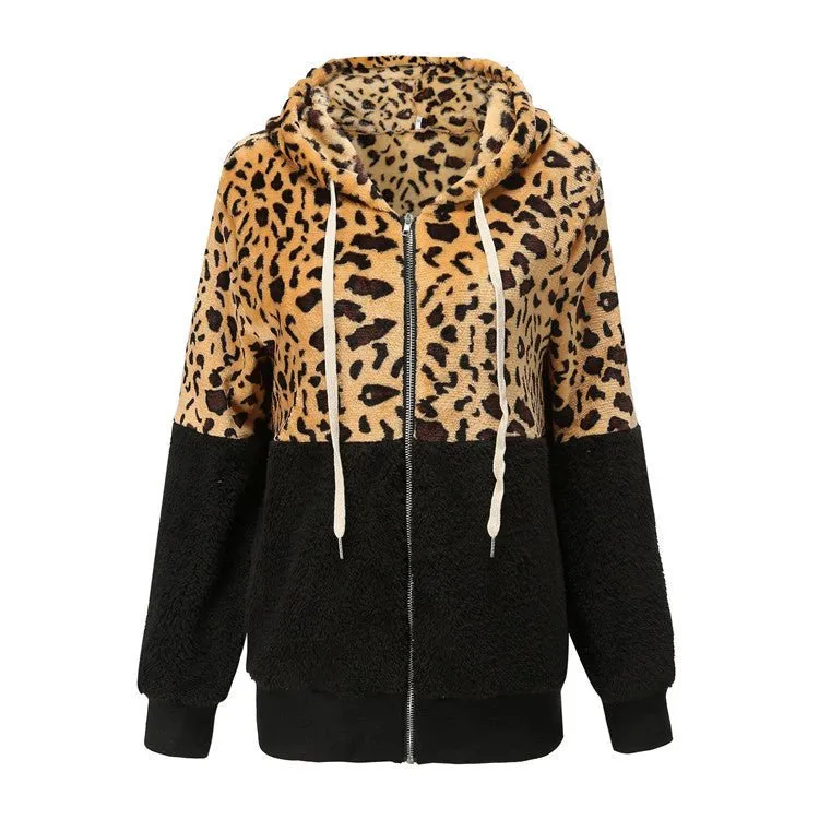 Women's Fashion Casual Leopard Print Stitching Thick Fleece Furry Sweater Hooded Top