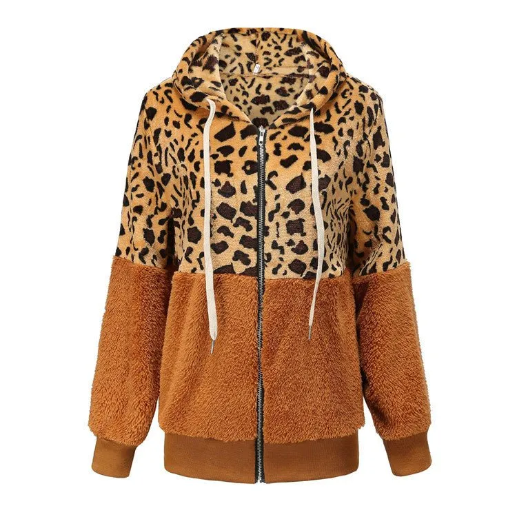 Women's Fashion Casual Leopard Print Stitching Thick Fleece Furry Sweater Hooded Top