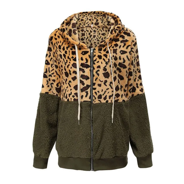 Women's Fashion Casual Leopard Print Stitching Thick Fleece Furry Sweater Hooded Top