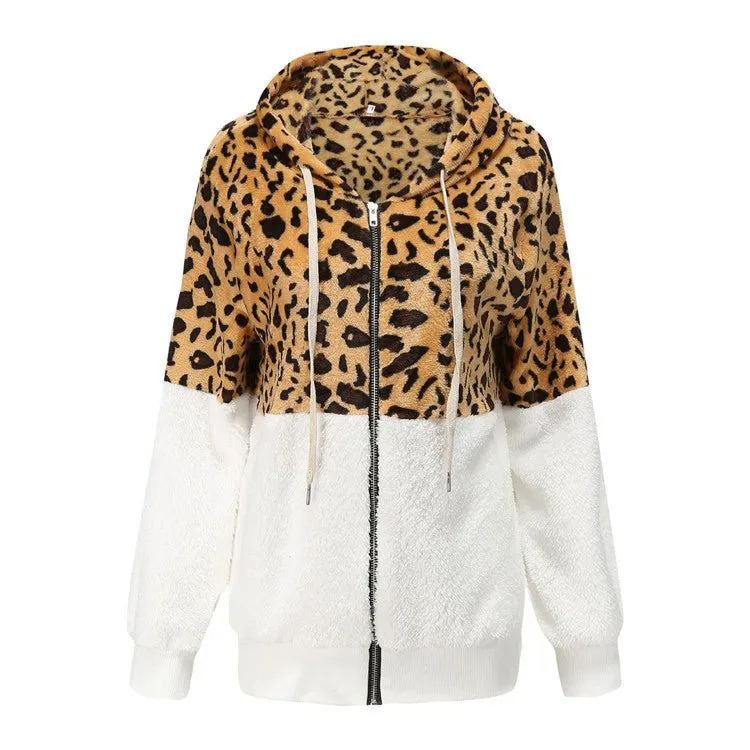 Women's Fashion Casual Leopard Print Stitching Thick Fleece Furry Sweater Hooded Top